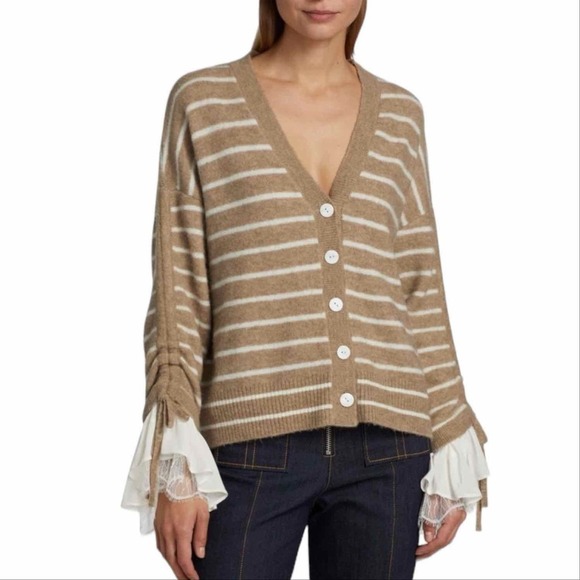 CINQ À SEPT Atlas Striped Wool Blend Cardigan Size Small Dark Oatmeal - Picture 7 of 12